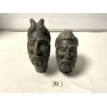 TWO CARVED HEAVY HARDSTONE HEADS OF BEARDED MEN, 21CMS