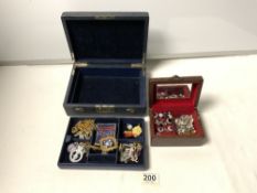 QUANTITY OF COSTUME JEWELLERY AND BADGES, VARIOUS IN TWO JEWELLERY BOXES