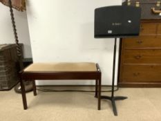 MAHOGANY DUET PIANO STOOL, 95 X 36 X 50CMS AND A MUSIC STAND ST BEDE'S