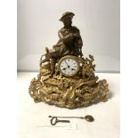 LATE 19TH CENTURY FRENCH GILT DECORATED FIGURED MANTLE CLOCK WITH ENAMEL DIAL WITH KEY AND PENDULUM,