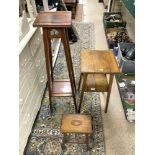 LATE VICTORIAN RED WALNUT PLANT STAND, TWO TIER OAK TABLE AND SMALL MAHOGANY INLAID TABLE