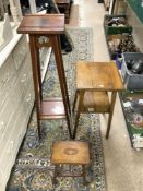 LATE VICTORIAN RED WALNUT PLANT STAND, TWO TIER OAK TABLE AND SMALL MAHOGANY INLAID TABLE