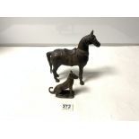 BRONZE FIGURE OF A HORSE, 22 X 23CMS AND A BRONZE FIGURE OF A DOG