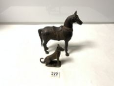BRONZE FIGURE OF A HORSE, 22 X 23CMS AND A BRONZE FIGURE OF A DOG