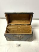 A VICTORIAN EBONISED AND BRASS FRETWORK MOUNTED DOME TOP STATIONARY BOX (A/F), 22CMS