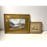 A FRAMED PRINT OF A MOUNTAIN/LAKE SCENE, 30 X 20CMS, AND AN ETCHING OF A WINDMILL AT REIGATE WAY