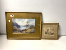 A FRAMED PRINT OF A MOUNTAIN/LAKE SCENE, 30 X 20CMS, AND AN ETCHING OF A WINDMILL AT REIGATE WAY