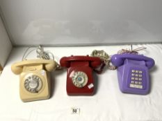 THREE 1960S TELEPHONES PURPLE 782 R EET 81/3 210341 RED - 8746G FWR 83/1 AND WHITE - KKA 16 IMI