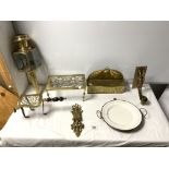 BRASS COACHING LAMP, ANTIQUE BRASS CANDLE BOX, 2 BRASS TRIVETS ETC