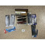 A QUANTITY OF PENS, INCLUDES PARKER FOUNTAIN AND BALL POINT PENS, A GERMAN BALL POINT PEN ETC