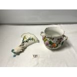 A 19TH CENTURY CONTINENTAL PORCELAIN FLORAL ENCRUSTED TWO HANDLED JARDINIERE 12CMS, AND A
