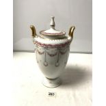 ROSENTHALL TWO HANDLED URN-SHAPED VASE WITH LID, WITH FLORAL RIBBON DECORATION, 35CMS