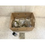 FIVE BRASS WALL LIGHTS, THREE GLASS SHADES BRASS CALENDER & PEWTER TANKARD