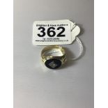 14K GOLD MARKED RING WITH A DIAMOND SET IN PLATINUM AND BLACK JET, SIZE T, 8 GRAMS