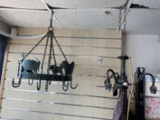 SMALL THREE BRANCH ELECTROLIER AND A METAL ANIMAL CUT OUT HANGING HOOKS
