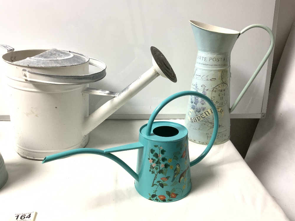 TWO METAL WATERING CANS, TWO WATER JUGS AND A BISCUIT BARRELL - Image 3 of 4