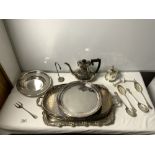 TWO SILVER-PLATED DRINKS TRAYS, SILVER-PLATED COFFEE POT, TEA CADDY, BERRY SPOONS ETC