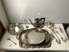 TWO SILVER-PLATED DRINKS TRAYS, SILVER-PLATED COFFEE POT, TEA CADDY, BERRY SPOONS ETC