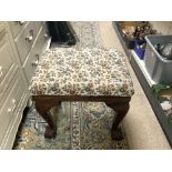 CHIPPENDALE STYLE MAHOGANY BALL AND CLAW FOOT STOOL WITH UPHOLSTERED TOP