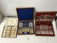 A CASED SET OF MOTHER OF PEARL HANDLED TEA KNIVES AND FORKS, ANOTHER SET AND FISH KNIVES AND FORKS