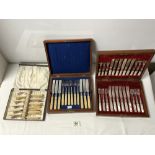 A CASED SET OF MOTHER OF PEARL HANDLED TEA KNIVES AND FORKS, ANOTHER SET AND FISH KNIVES AND FORKS