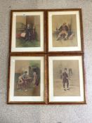 SET OF FRENCH COLOURED PRINTS OF CHARACTERS IN MAPLE FRAMES BY JOHNSON, 30 X 42CMS