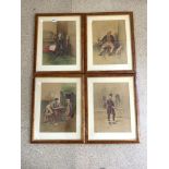 SET OF FRENCH COLOURED PRINTS OF CHARACTERS IN MAPLE FRAMES BY JOHNSON, 30 X 42CMS