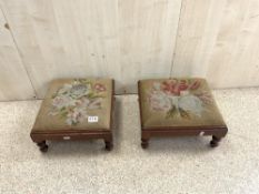 PAIR OF VICTORIAN TAPESTRY TOP MAHOGANY FOOT STOOLS ON TURNED LEGS