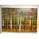 UNFRAMED ACRYLIC OF WOODLAND SCENE ENTITLE TREE'S IN AUTUMN - SIGNED JOHN THOMPSON 123 X 81CMS