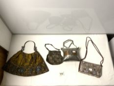 TWO VINTAGE SEQUIN EVENING BAGS, A 'MOTHER O PEARL' CLUTCH BAG AND AN EASTERN METAL BAG