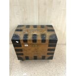 OAK METAL BOUND SILVER CHEST WITH TWO HANDLES ON METAL CASTORS
