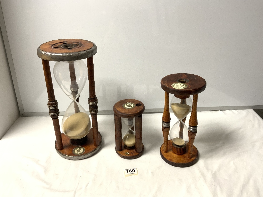 THREE WOOD AND HOURGLASS SAND TIMERS