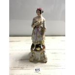 CONTINENTAL PORCELAIN FIGURE OF A LADY ON PLINTH, WITH GILT DECORATION (A/F)