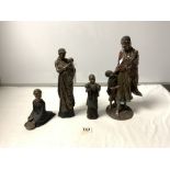 FOUR RESIN FIGURES OF TRIBES PEOPLE, MOTHERS AND CHILDREN, THE TALLEST 34CMS