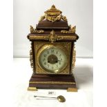 EDWARDIAN MAHOGANY AND GILT METAL MOUNTED BRACKET CLOCK WITH GILT OGEE FEET AND FRETWORK
