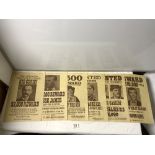 SIX REPRODUCTION WANTED POSTERS FOR BILLY THE KID, JESSE JAMES, BUTCH CASSIDY AND THE SUNDANCE