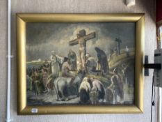 GILT FRAMED OIL ON CANVAS DEPICTING CHRIST ON THE CROSS WITH FOLLOWERS IN ATTENDANCE SIGNED - WERNER