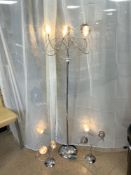 MODERN CHROME FIVE BRANCH LAMP STAND AND TWO MATCHING TABLE LAMPS