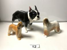 A CERAMIC FIGURE OF A FRENCH BULLDOG, 29 X 38CMS, A USSR FIGURE OF AN AFGHAN DOG, AND AN ENGLISH