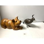 CARVED WOODEN FIGURE OF A PIG AND A METAL SCULPTURE OF A BIRD