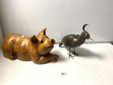 CARVED WOODEN FIGURE OF A PIG AND A METAL SCULPTURE OF A BIRD