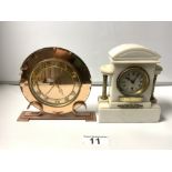 ART-DECO PEACH GLASS CIRCULAR MANTLE CLOCK (A/F) NOT WORKING AND A VICTORIAN WHITE ALABASTER