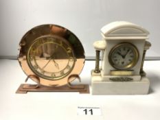 ART-DECO PEACH GLASS CIRCULAR MANTLE CLOCK (A/F) NOT WORKING AND A VICTORIAN WHITE ALABASTER