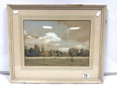 WATERCOLOUR DRAWING OF A LANDSCAPE WITH CHURCH - SIGNED NORMAN T STEPHENSON, 37 X 27CMS