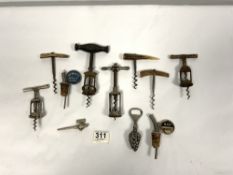 THREE VINTAGE HORN HANDLE CORKSCREWS AND A QUANTITY OF OTHER VINTAGE CORKSCREWS