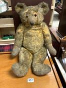 VINTAGE PLUSH TEDDY BEAR WITH ORIGINAL GLASS EYES MADE BY PEACOCKS OF LONDON