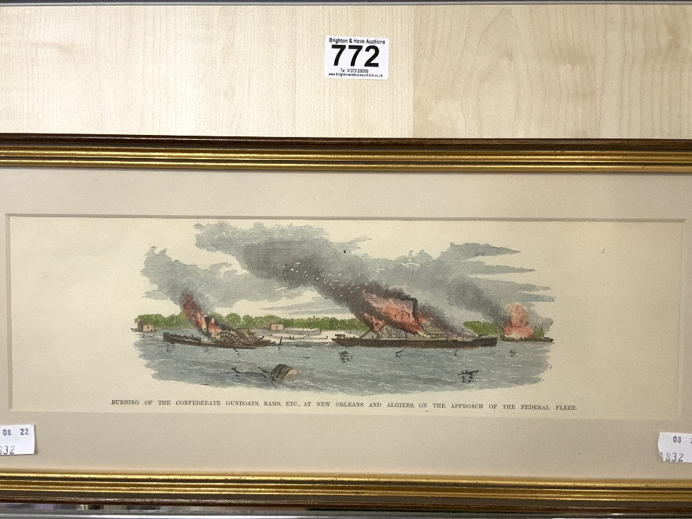 TWO RECTANGULAR PRINTS - AMERICAN CIVIL WAR SCENES - BURNING OF THE CONFEDERATE GUN BOATS AND - Image 3 of 4