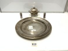 A CIRCULAR SILVER-PLATED SALVER, 34CMS BY ART KRUPP BERNDORF, PLATED TWO HANDLED SUGAR BOWL, AND TWO