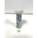 A 20TH CENTURY CHINESE BLUE AND WHITE TRUMPET VASE DECORATED WITH FIGURES AND TREES, 20CMS