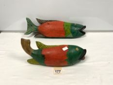 TWO PAINTED WOODEN MODELS OF TROPICAL FISH, 45CMS